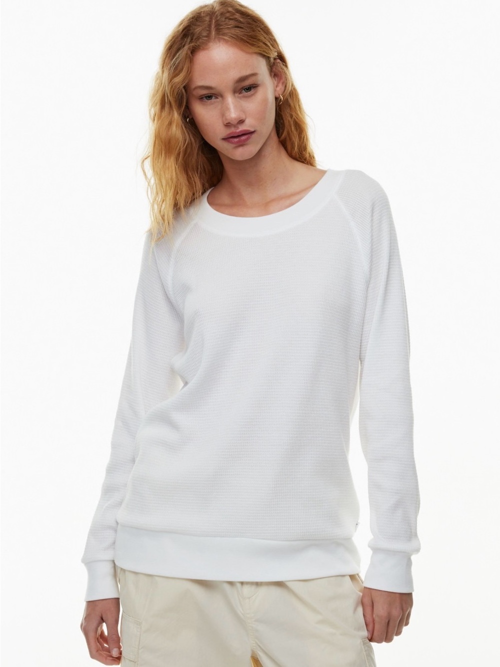 Aritzia TNA Ivory White Boyfriend Waffle Raglan Long Sleeve Relaxed Pullover